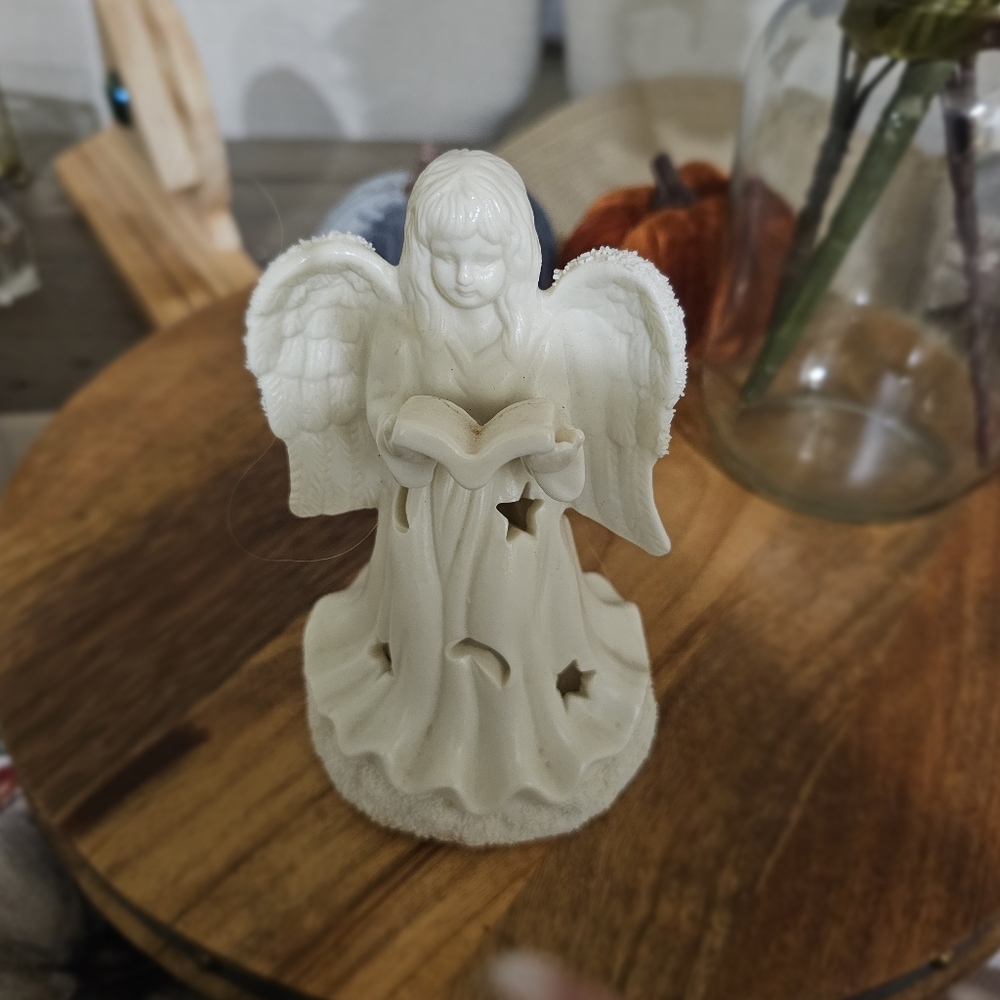 Ceramic Angel Reading Star Cutouts Luminary Tea Light Holder 6" Christmas